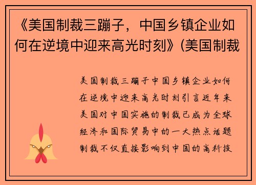 《美国制裁三蹦子，中国乡镇企业如何在逆境中迎来高光时刻》(美国制裁34家)